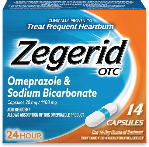 Zegerid OTC 24-Hour Heartburn Relief, Proton Pump Inhibitor with Omeprazole 20mg, 14ct Capsules
