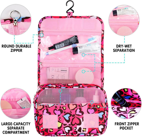 Kids Hanging Toiletry Bag for Girls, Waterproof Travel Cosmetic Makeup Wash Bag, Toddler Toiletries, Leopard Red