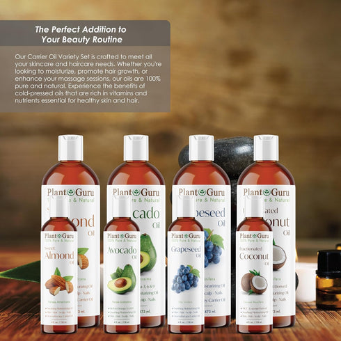 Set 4 oz. 100% Carrier Oil Variety Cold Pressed Pure Natural Sweet Almond, Avocado, Coconut Fractionated, Grapeseed.