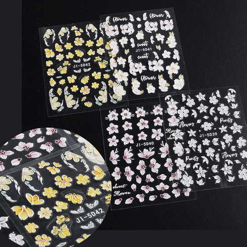 Flower Nail Art Stickers Decals - 5D Embossed Spring Design in Yellow, Pink, and White for Nail Decorations