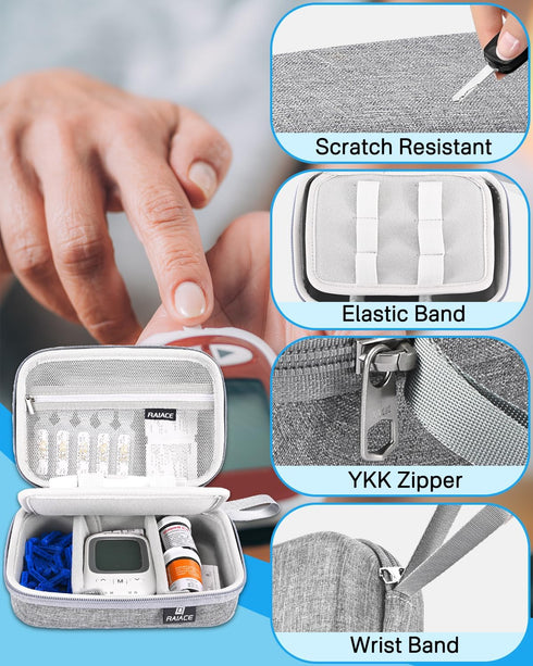 RAIACE Hard Storage Case for Diabetic Supplies, Fits Glucose Meter, Insulin Pen, Blood Sugar Test Strips, Gray