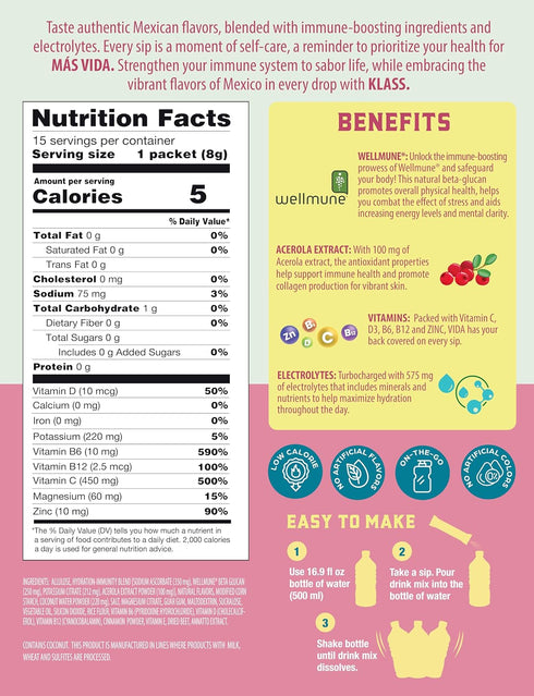 Immunity 15 Packs KLASS VIDA Hydration + Electrolyte Drink Mix Strawberry Horchata Agua Fresca | Sugar-Free Powder