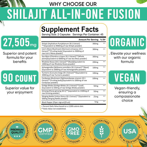 Shilajit Pure Himalayan Organic. 11-in-1 Shilajit for Men. Shilajit Capsules with Sea Moss Himalayan Shilajit Ashwagandha Rhodiola Rosea Panax Ginseng Turmeric Lion’s Mane Ginkgo. 27’505 mg/Serving