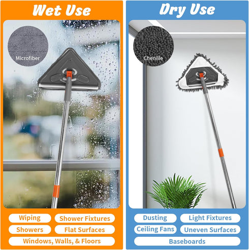 85" Wall Mop Cleaner - Long Handle with Stainless Steel Hook, 180° Rotating Duster Tool for Walls, Ceiling & Floors