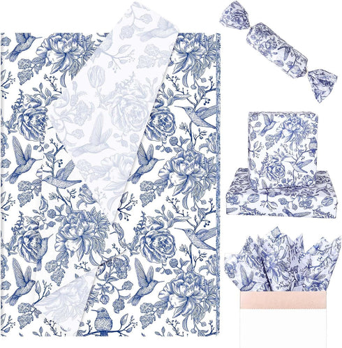 Whaline 100 Sheets Blue White Floral Tissue Paper, Chinoiserie Flower Bird Gift Wrapping Paper for Weddings and Parties