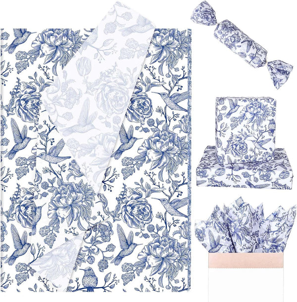 Whaline 100 Sheets Blue White Floral Tissue Paper, Chinoiserie Flower Bird Gift Wrapping Paper for Weddings and Parties