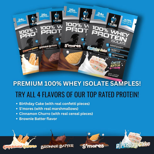 eFlow Nutrition Whey Protein Sample Variety - Isolate Protein Powder Samples, Low Calorie, Travel Packs (4 Pack)
