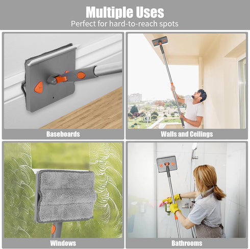 85” Baseboard Cleaner Tool with Handle, 180° Rotating Wall Mop, 6 Reusable Pads, Multifunctional Scrapper, Extension