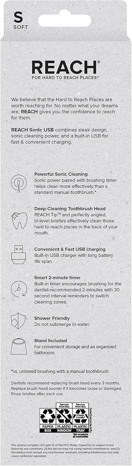 Reach Sonic USB Electric Toothbrush, Soft, Includes Handle, Brush Head, Cap, Travel Case, and Stand