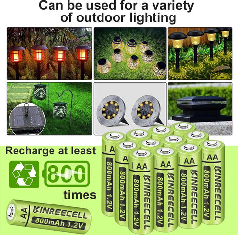Rechargeable AA Batteries, Ni-MH Double A 1.2V 800mAh Pre-Charged for Outdoor Solar Lights, 12-Pack