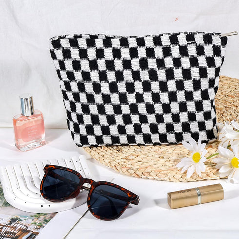 Checkered Makeup Bag for Women, Large Capacity Black Travel Cosmetic Bag Set, Cute Y2K Aesthetic Makeup Organizer