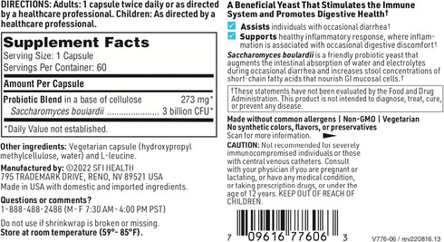 Klaire Labs SFI Health Saccharomyces Boulardii Probiotics - 120 Capsules for Digestive Health