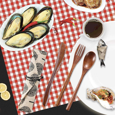 Wooden Spoon Fork Knife Eating Flatware Set - Portable Utensil Set with Case, Reusable Wooden Cutlery, 2 Spoons, 2