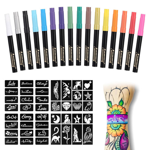 Temporary Tattoo Markers for Skin, 16-Count Body Markers + 77 Large Tattoo Stencils, Flexible Brush Tip, Skin-Safe