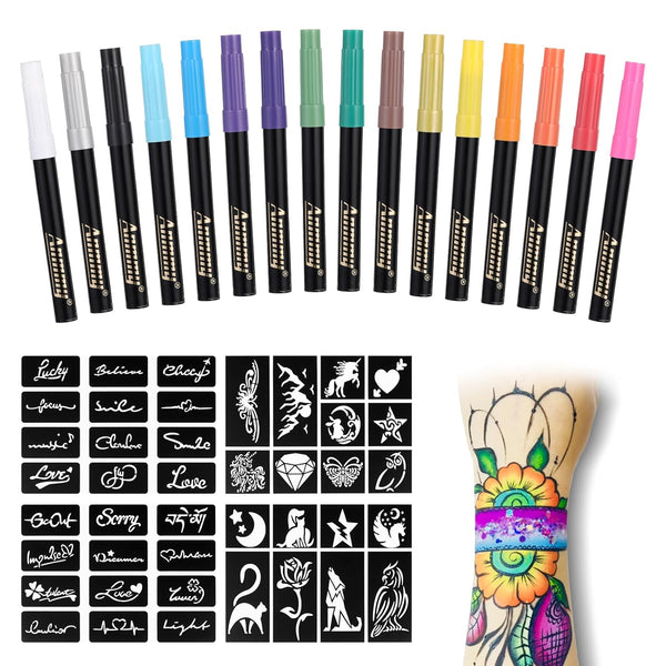 Temporary Tattoo Markers for Skin, 16-Count Body Markers + 77 Large Tattoo Stencils, Flexible Brush Tip, Skin-Safe