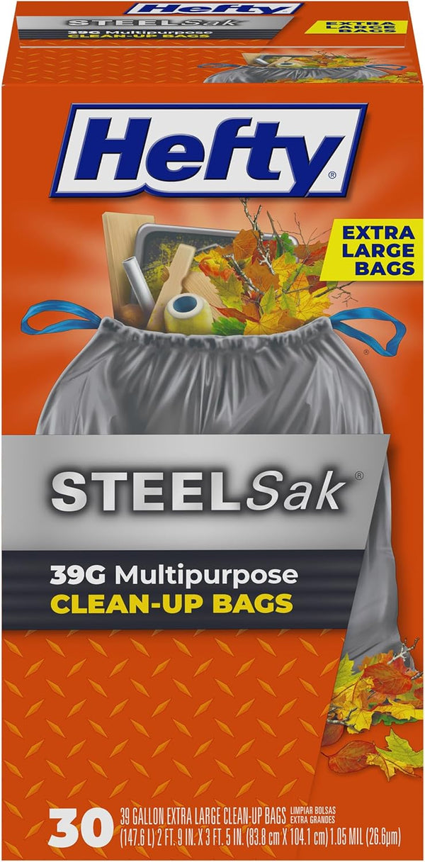 Hefty SteelSak Heavy Duty Large Trash Bags, Gray, Unscented, 39 Gallon, 30 Count