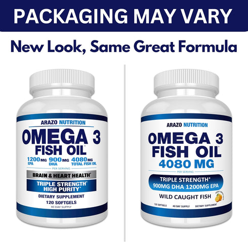 Omega-3 4,080mg 1200mg 900mg 120 Arazo Nutrition Wild Caught Fish Oil Concentrate per Serving High EPA & DHA Burpless