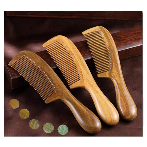 Natural Green Sandalwood Comb - Anti Static Wooden Hair Comb with Thickening Round Handle