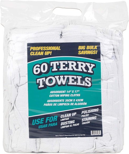 Arkwright TT60 Terry Cloth Rags, Pack of 60, 100% Cotton Cleaning Towels