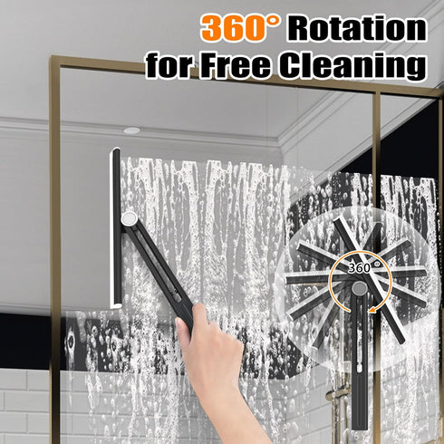 Shower Squeegee 2 Packs, 360° Rotating Black Silicone Scraper for Glass Doors, Tile, Countertop Cleaning