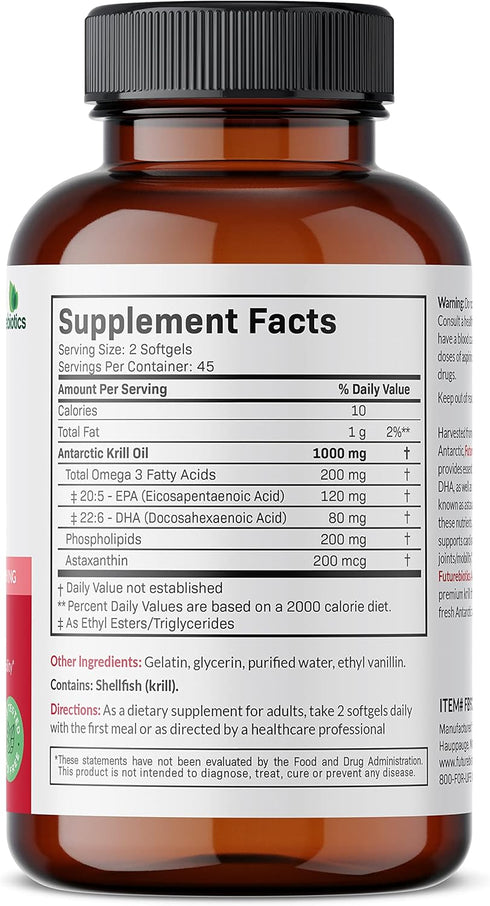 Futurebiotics Antarctic Krill Oil 1000mg with Omega-3s EPA, DHA, Astaxanthin, 90 Softgels (45 Servings)