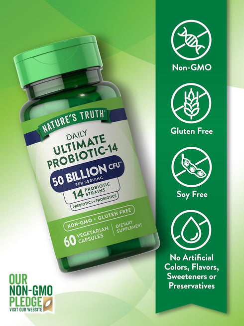 Nature's Truth Probiotic 50 Billion CFU | 200mg Prebiotics | 60 Capsules | Vegetarian, Non-GMO & Gluten-Free Supplement