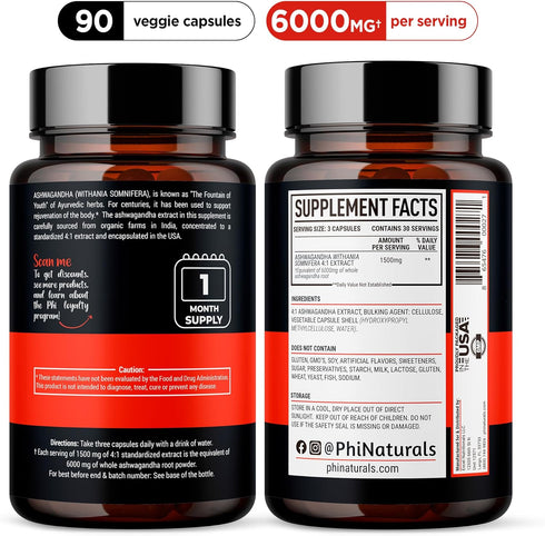 PhiNaturals Organic Ashwagandha Root Extract in Vegan Capsules, 6000 Mg Root Equivalent, 1500 Mg Per Serving, 30