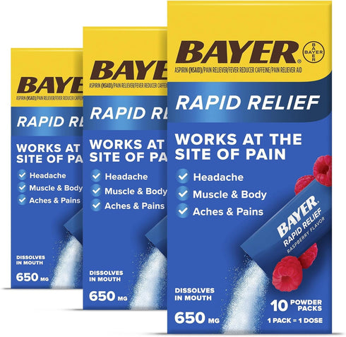 Bayer New Rapid Relief Powder Packs with Aspirin & Caffeine, Fast Acting Pain Relief, Raspberry Flavor