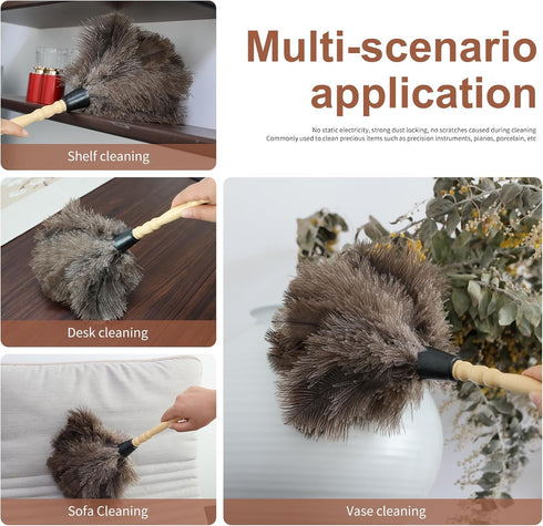 Ostrich Feather Duster Classic 14" with Wooden Handle, Eco-Friendly Reusable Handheld Cleaning Supplies for Home, Car