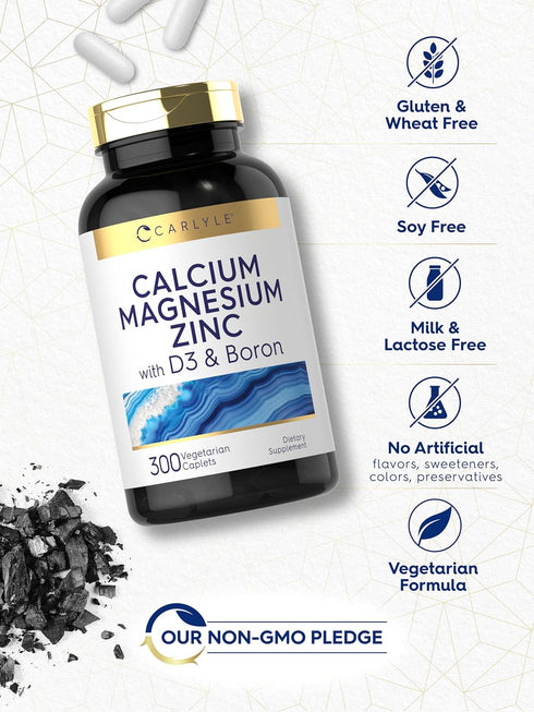 Carlyle Calcium Magnesium Zinc with Vitamin D3 and Boron, 300 Caplets - Vegetarian, Non-GMO Supplement