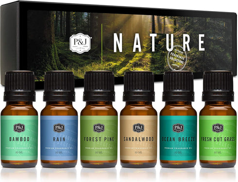 P&J Fragrance Oil Nature Set, Forest Pine, Ocean Breeze, Rain, Fresh Cut Grass, Sandalwood