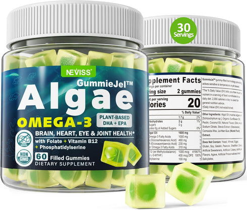 Vegan Omega 3 Gummies, 1000mg Fish Oil Alternative with DHA 460mg & EPA 230mg, 60 Count for Brain & Joint Health