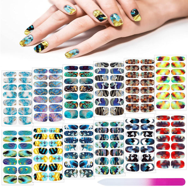 Maitys 168 Pcs Nail Stickers, 12 Sheets Full Wrap Polish Strips, Glitter Self Adhesive DIY Gel Nail Decals with 1