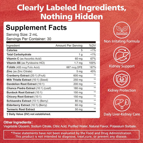 Tyrnixel 20:1, 60 mL Kidney Cleanse & Liver Support Liquid Drops with Cranberry Chanca Piedra & Milk Thistle, Herbal