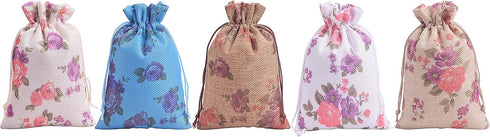 Sansam 20pcs Drawstring Burlap Gift Bags, 4.0x5.6'' Mixed Flower Patterns Jute Bags for Jewelry, Party Gift Packaging