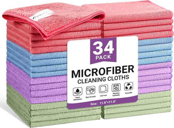 SIFANGKE Microfiber Cleaning Cloth, 34 Pack Assorted Color Cleaning Rags for Housekeeping, Colorful
