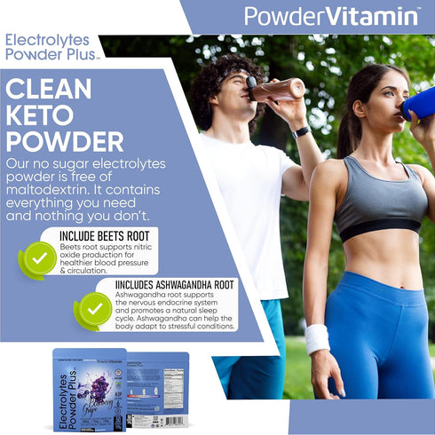 Hydration Powder Electrolytes Plus (50 Servings), 0 Calorie Keto, 0 Sugar, 1000mg Potassium, Blueberry Grape