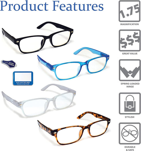 Boost Eyewear Blue Light Blocking Reading Glasses, 4 Pack, Assorted Colors