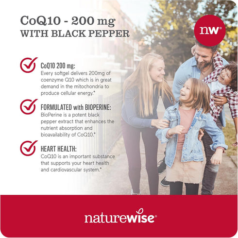 NatureWise CoQ10 200mg Softgels, High Absorption Coenzyme Q10 with BioPerine - Antioxidant for Heart Health + Cellular