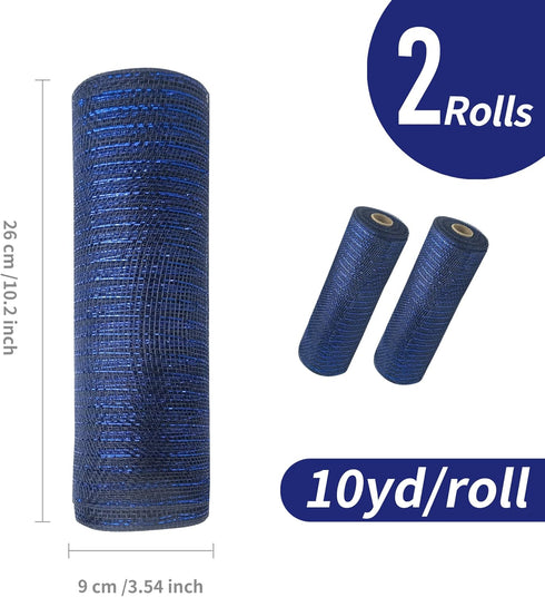 2 Rolls Navy Blue Deco Mesh Ribbon, 10 in x 30 ft with Blue Foil Wire for Christmas Wreath Decoration