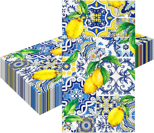 Ysqool 20 Pcs Lemon Napkins, Blue and Yellow Tile Lemon Disposable Guest Towels,