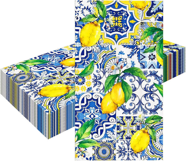 Ysqool 20 Pcs Lemon Napkins, Blue and Yellow Tile Lemon Disposable Guest Towels,