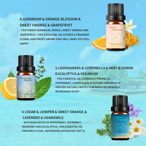 Summer Essential Oils Set - Pure Plant Extract Blends, 6x10ml with Bottle Opener for Diffusers and Soap Making