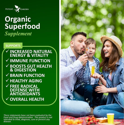 Organic Superfood Greens, Fruit and Veggies Supplement Rich in Vitamins & Antioxidants with Alfalfa, Beet Root & Tart