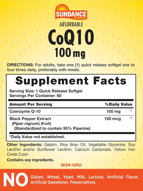 CoQ10 100mg | 60 Absorbable Softgels | with Black Pepper Extract | Non-GMO and Gluten Free Supplement | by Sundance