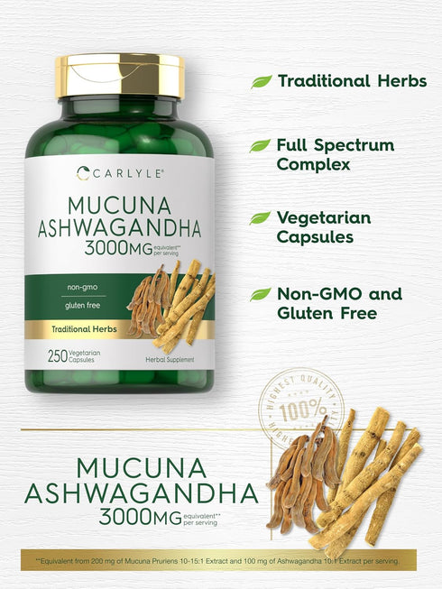 Carlyle Mucuna with Ashwagandha, 3000mg, 250 Capsules, Vegetarian, Non-GMO, Gluten Free