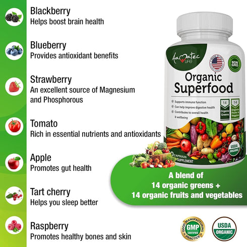 Organic Superfood Greens Fruits and Veggies Complex - Dietary Supplement with 14 Greens & 14 Fruits, Non-GMO