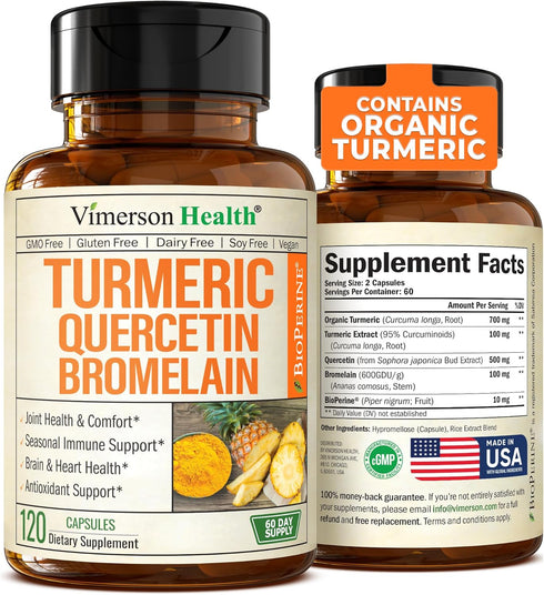 Quercetin with Bromelain & Turmeric Curcumin - 120 Caps Bromelain Supplement with Black Pepper for Immune & Joint