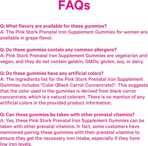 Pink Stork Prenatal Iron Supplement Gummies for Women, 20 mg with Vitamin C, Grape Chewable for Deficiency, Energy,