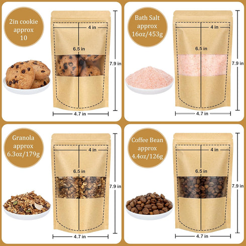 Blisstime 100 Pack Stand Up Pouch, Self-seal Kraft Paper Bags with Matte Window, Resealable Bags for Small Business